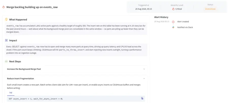 NeverBlink root-cause analysis of a ClickHouse merge backlog with impact assessment and suggested SQL fixes