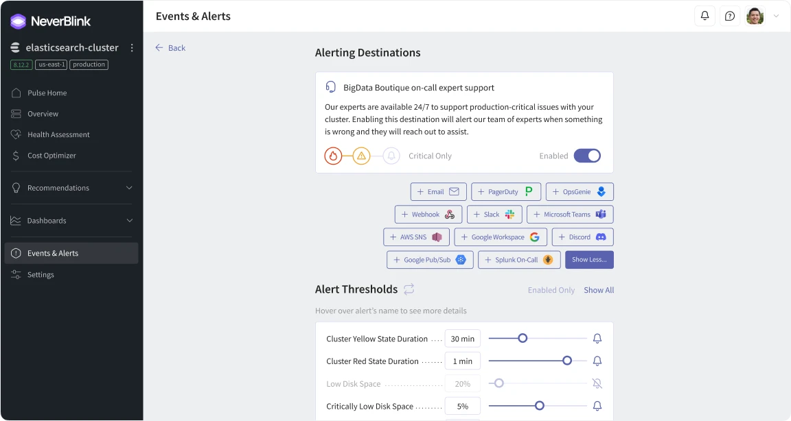 Inside NeverBlink events and alerts destinations page