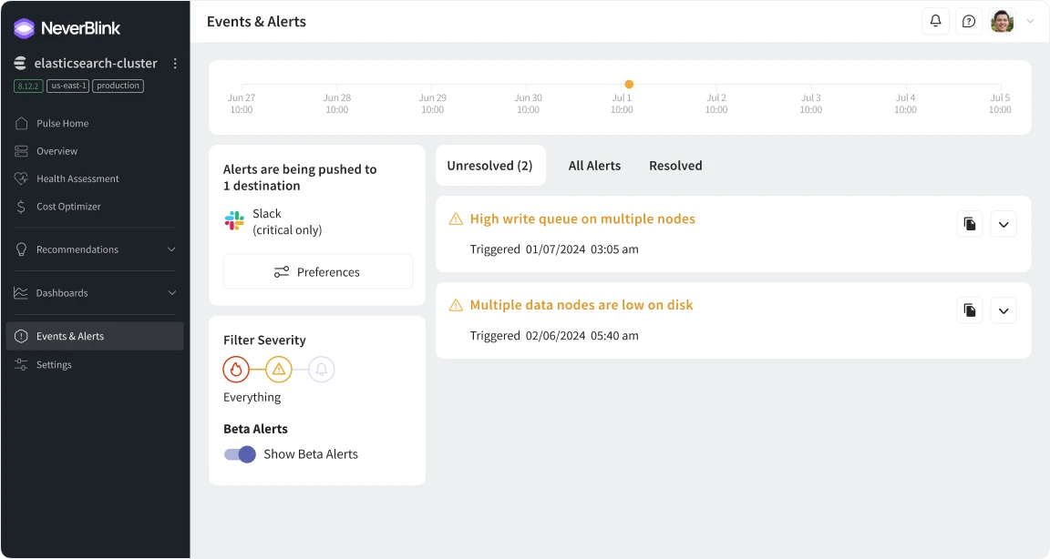 Inside NeverBlink events and alerts page