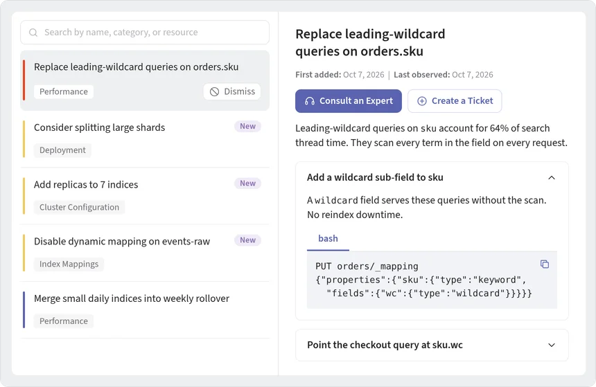 Elasticsearch recommendations list with an open recommendation that explains the issue, the steps to fix it, and the mapping change to apply, with buttons to consult an expert or create a ticket