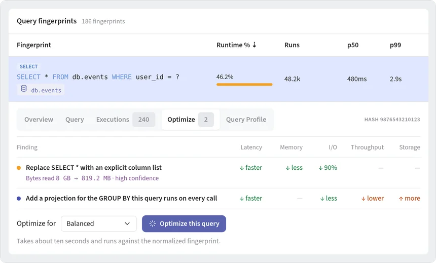 Query insights for a ClickHouse fingerprint: two optimization findings with estimated impact, such as bytes read dropping from 8 GB to 819 MB, their effect on latency, memory, I/O, throughput and storage, and the Optimize this query action