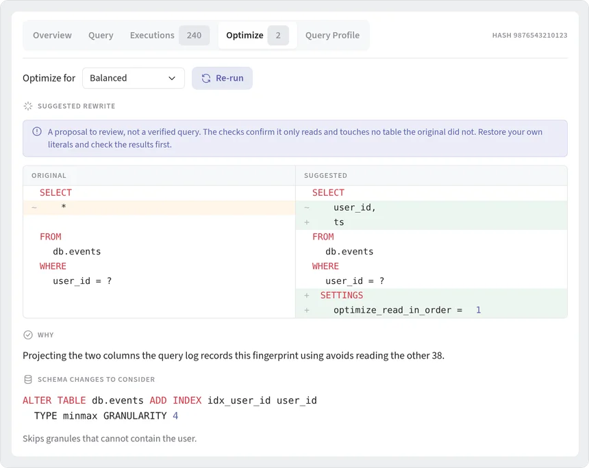 Query optimizer result: original and suggested SQL side by side, the reason for the change, and a schema change to consider