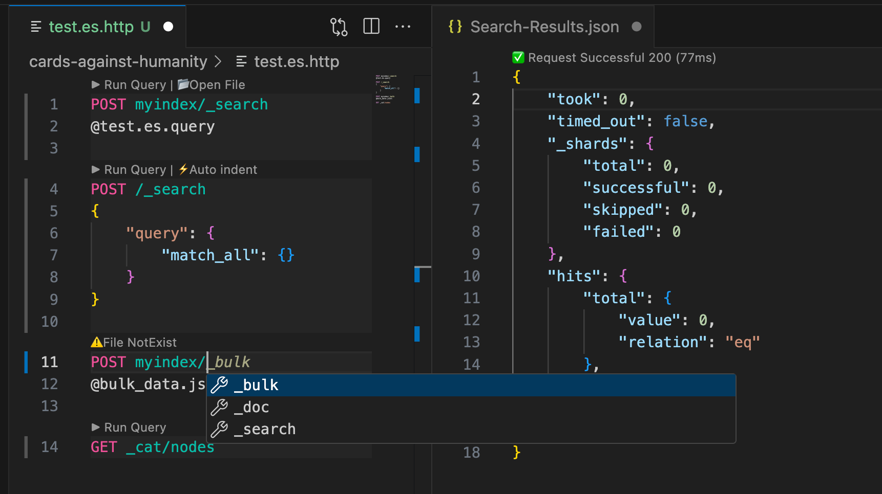 VS Code Elasticsearch DevTools extension screenshot